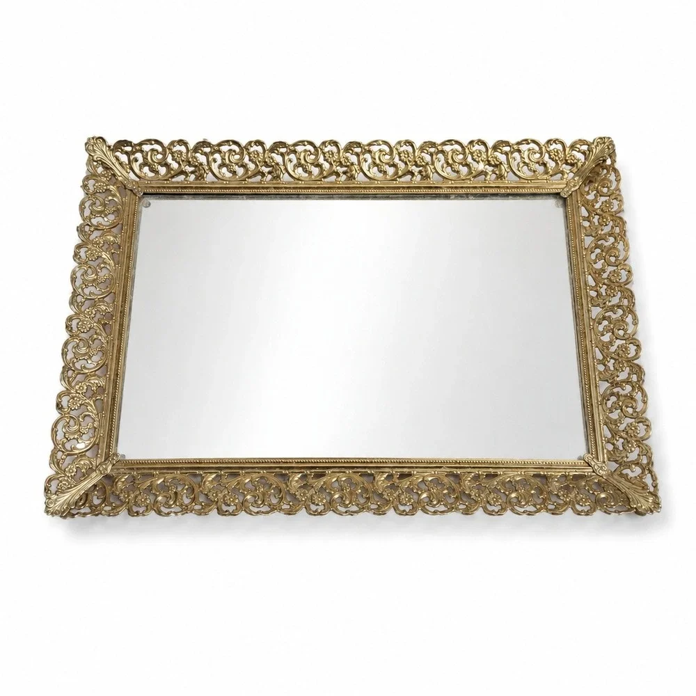 Vanity Mirror Tray Unisex 10x7 Gold Good Ornate Filigree Hollywood Glam